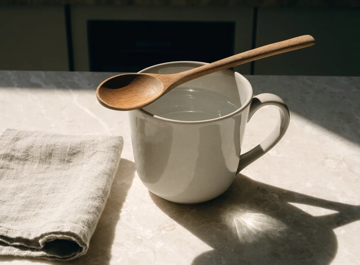Ceramiczny kubek z wodą i drewniana łyżka na jasnym blacie w twardym świetle, wyraźny cień