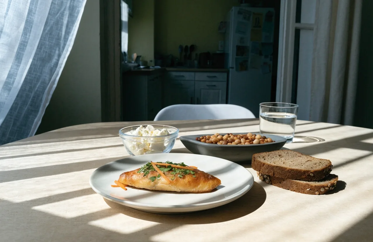 Domowy stół z rybą, nabiałem, strączkami i pieczywem pełnoziarnistym w ostrym świetle