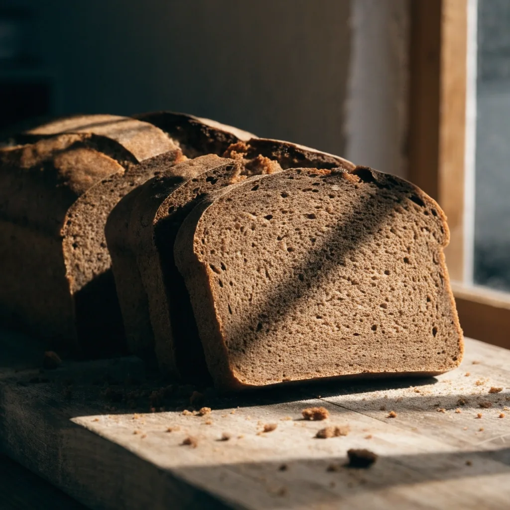 Przekrojone bochenki ciemnego pieczywa na drewnianej desce w piekarni, ostre światło z boku wydobywa strukturę miąższu