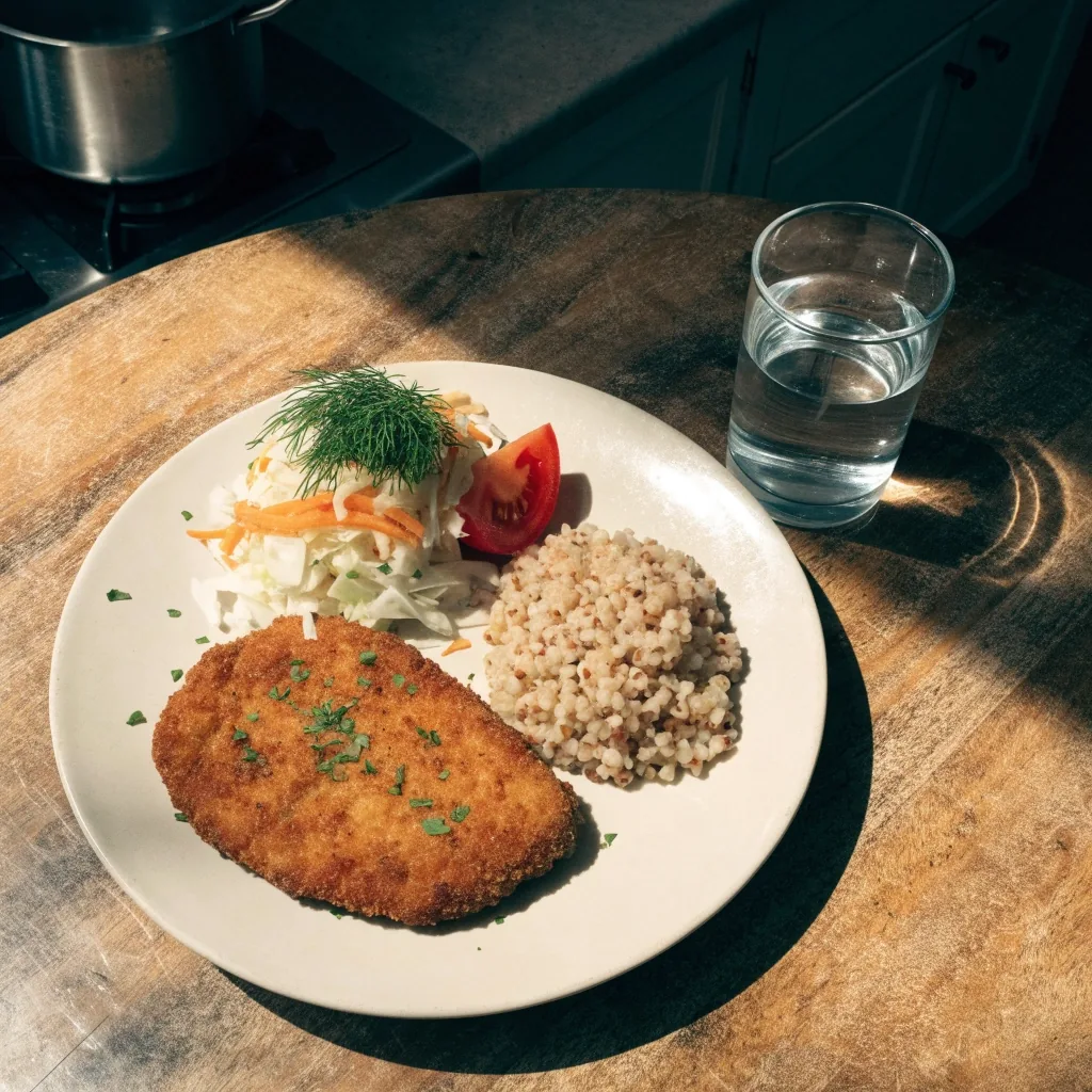Domowy obiad: kotlet, kasza gryczana, surówka z kapusty i pomidor