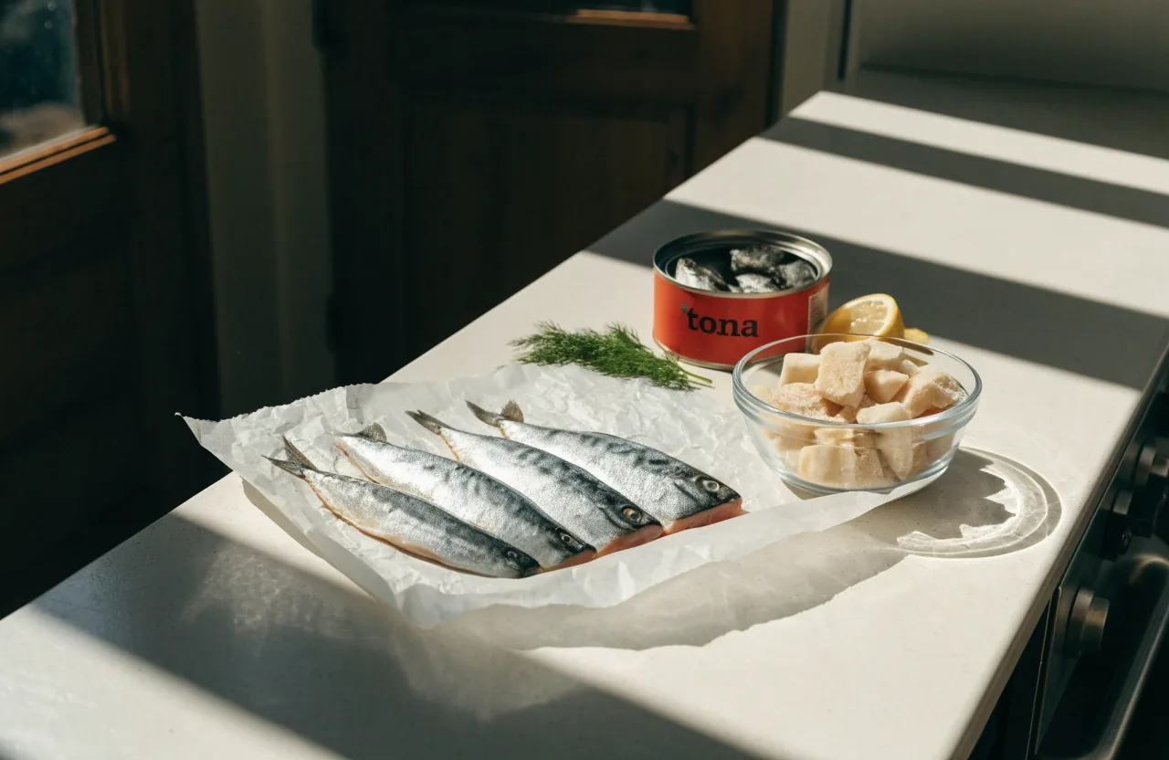 Kuchenny blat w twardym świetle: filety z makreli, mrożony dorsz i tuńczyk z puszki obok cytryny
